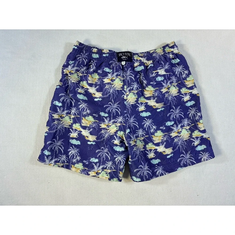 Spicy Tuna Men's Swim Trunks Size Medium‎ Blue Tropical Palm Tree Board Shorts